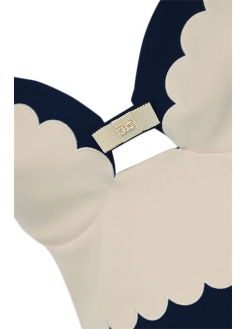 Abito in doppio crepe bicolore con ricamo smerlato Oltremare/Burro Elisabetta Franchi | AB70352E2DN9